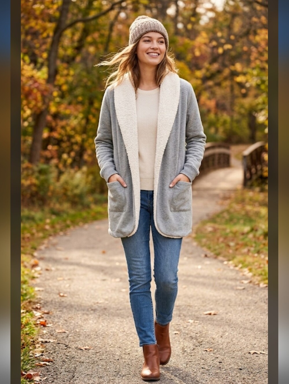 Lands' End Jersey Bonded Sherpa Open Front Cardigan Sweater Jacket Shacket #2300